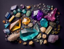 schön Sammlung von Kristalle und Edelsteine und Mineralien auf ein dunkel Hintergrund. Luxus Hintergrund, Stein Quarz, Glas Prisma, Bernstein, Achat, Karneol, Amethyst, Nuggets. ai generiert. foto