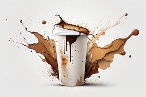 Kaffee Papier Tasse, Spritzen und Spritzer. platzen von braun flüssig, tropft. abstrakt Illustration auf Weiß Hintergrund. ai generiert. foto