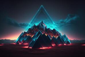 ein futuristisch Landschaft, Low-Polygon Berge beleuchtet durch Neon- Licht auf ein Gradient Hintergrund. Eintauchen im ein surreal Digital virtuell Cyber Welt. 3d Wiedergabe. ai generiert. foto