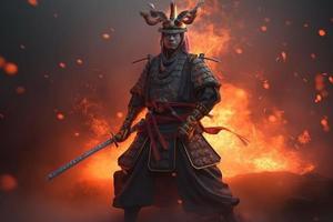 Samurai mit Katana Flammen. generieren ai foto