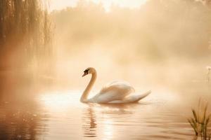 Schwan neblig See Natur. generieren ai foto