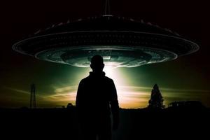 Mann in der Nähe von UFO. generieren ai foto