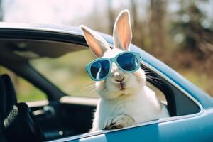 Ostern Hase im Auto tragen Sonnenbrille. ai generiert foto