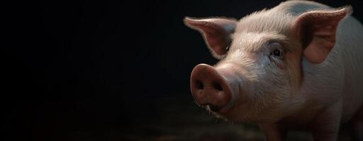 inländisch Bauernhof Schwein Nahansicht auf ein schwarz dunkel Hintergrund. ai generiert. foto