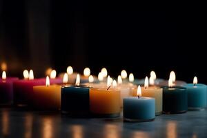Kerzen gruppiert auf schwarz Tabelle mit verschwommen Hintergrund ai generiert foto