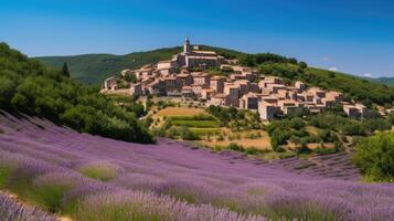 ein Feld von Lavendel mit ein Hügel Dorf. generativ ai foto