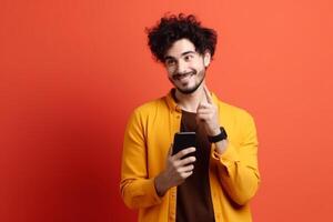 ai generativ Porträt von ein glücklich jung Mann mit Handy, Mobiltelefon Telefon Über rot Hintergrund foto