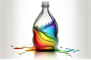 Illustration von ein geöffnet Glas Flasche von Regenbogen Wasser, Weiß Hintergrund ai generiert foto