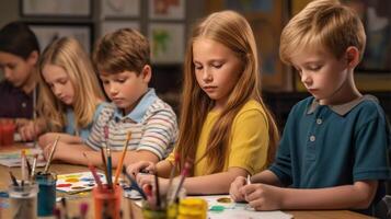 Gruppe von elementar Schule Kinder haben ein Kunst Lektion mit ihr Lehrer, Kreativität, Lernen, Zusammenarbeit, bunt, Spaß ai generiert foto