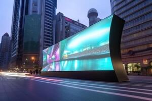 futuristisch Neon- Stadt mit Plakatwand beim Straße. generativ ai foto