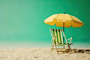 Strand Stuhl und Regenschirm auf tropisch Strand. Sommer- Ferien Konzept. generativ ai foto