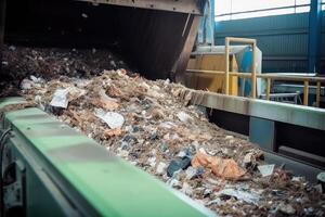 Förderer Gürtel mit Stapel von Abfall beim Recycling Pflanze. generativ ai foto