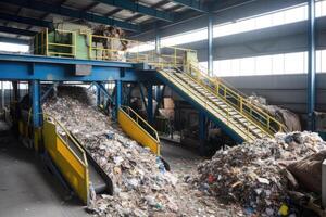 Förderer Gürtel mit Stapel von Abfall beim Recycling Pflanze. generativ ai foto