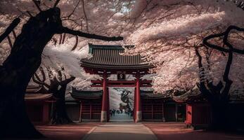 toji Tor im Kirsche blühen Garten, japanisch Garten Landschaft .generativ ai foto