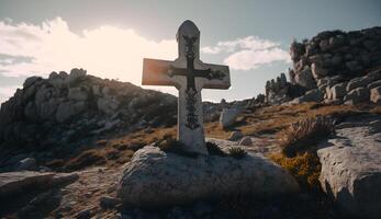Christian Symbol auf oben von Felsen, Kreuz Symbol auf das Felsen Hügel generativ ai foto