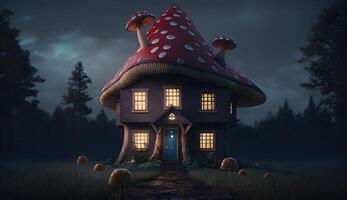 Illustration von giftig Pilz Haus, Zwerg Fee Gehäuse von giftig Pilze generativ ai foto