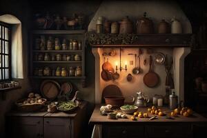 Illustration von ein alt Küche mit Werkzeuge und Essen, ai generiert foto