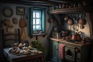 Illustration von ein uralt Küche mit Pfannen, Gemüse, Getränke, Ofen, ai generiert foto