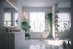 zeitgenössisch Licht Weiß Badezimmer Innere mit Fenster. ai generativ foto