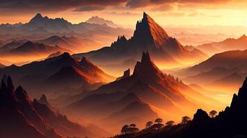 Fantasie alpin Landschaft. Berg Angebot beim Sonnenaufgang. 3d Illustration. ai generiert foto