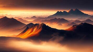 Fantasie alpin Landschaft. Berg Angebot beim Sonnenaufgang. 3d Illustration. ai generiert foto
