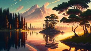 Fantasie Landschaft mit Berge und See. 3d machen Illustration. ai generiert foto