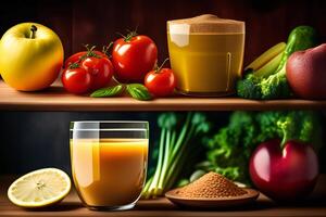 Obst und Gemüse Saft im Glas mit Zutaten auf hölzern Regal. ai generiert foto