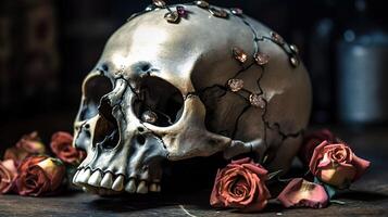 Schädel mit Rosen. Mensch Schädel im schön Blumen. Halloween Bilder. Tag von das tot. generativ ai foto