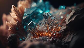 Nahansicht von schön Kristalle mit strahlend scheinen und einzigartig Formation. generativ ai foto