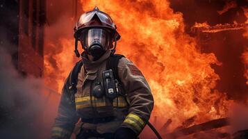 das heroisch Feuerwehrmann kämpfen ein Epos lodern. generativ ai foto