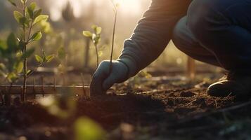 Person Pflanzen Bäume im ein Gemeinschaft Garten zu fördern lokal Essen Produktion und Lebensraum Wiederherstellung. generativ ai foto