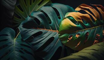 Palmen im Detail, ein Nahansicht von üppig Grün Laub. generativ ai foto