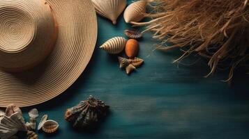 ein Sommer- eben legen von Muscheln und ein Hut auf das Strand. generativ ai foto