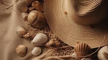 ein Sommer- eben legen von Muscheln und ein Hut auf das Strand. generativ ai foto