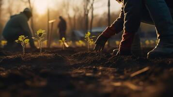Person Pflanzen Bäume im ein Gemeinschaft Garten zu fördern lokal Essen Produktion und Lebensraum Wiederherstellung. generativ ai foto