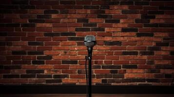 Leben auf Bühne, Mikrofon und Backstein Mauer. generativ ai foto