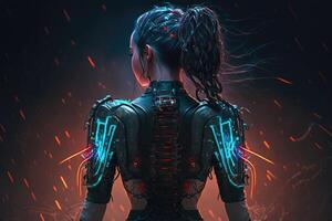 ai generiert futuristisch Sci-Fi Cyberpunk Cyborg Frau mit Neon- Beleuchtung foto