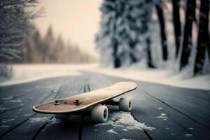 ai generiert Skateboard im das Winter Landschaft. foto