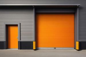 ai generiert Fabrik industriell Struktur. Walze Türen, Walze Fensterläden zur Verfügung stellen Schutz. foto