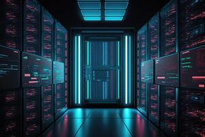 ai generiert Netzwerk Sicherheit Server Zimmer Daten Center Computer Gestelle zum Bergbau Kryptowährung. foto