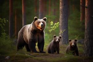 Bär Familie Wald Natur. generieren ai foto