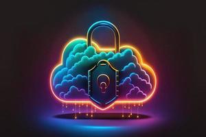 Neon- Wolke mit gesperrt Vorhängeschloss. Konzept von Daten Schutz, Sicherheit Technologie. ai foto