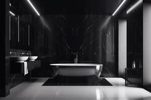 Luxus Badezimmer mit Fenster. modern groß schwarz Badewanne und Marmor Fliesen. generativ ai foto