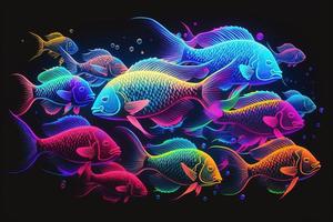 bunt Fisch Hintergrund im Neon- Farben. Schwarm von Fisch Muster foto