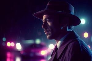 Detektiv im das Regen im das Nacht Stadt. neural Netzwerk ai generiert foto