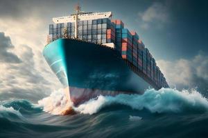 Vorderseite Aussicht von Bogen von ein groß Blau Versand Container Schiff im das Ozean. neural Netzwerk generiert Kunst foto