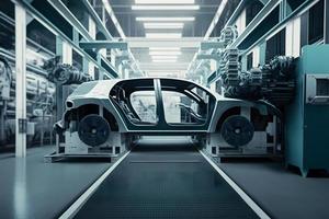 Automatisierung Automobil Fabrik Konzept. Roboter Versammlung Linie im Auto Herstellung. neural Netzwerk generiert Kunst foto