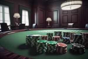 bunt Poker Chips auf ein Grün Tisch. neural Netzwerk ai generiert foto