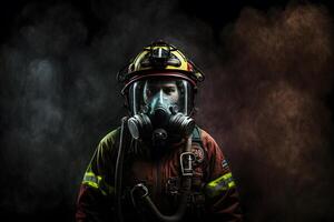 schließen oben Porträt von Gesicht Feuerwehrmann tragen schützend Uniform und ein schützend Maske. neural Netzwerk ai generiert foto