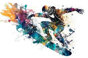 Mann Snowboarder springen auf Snowboard mit regenbogen Aquarell Spritzen isoliert auf Weiß Hintergrund. neural Netzwerk generiert Kunst foto